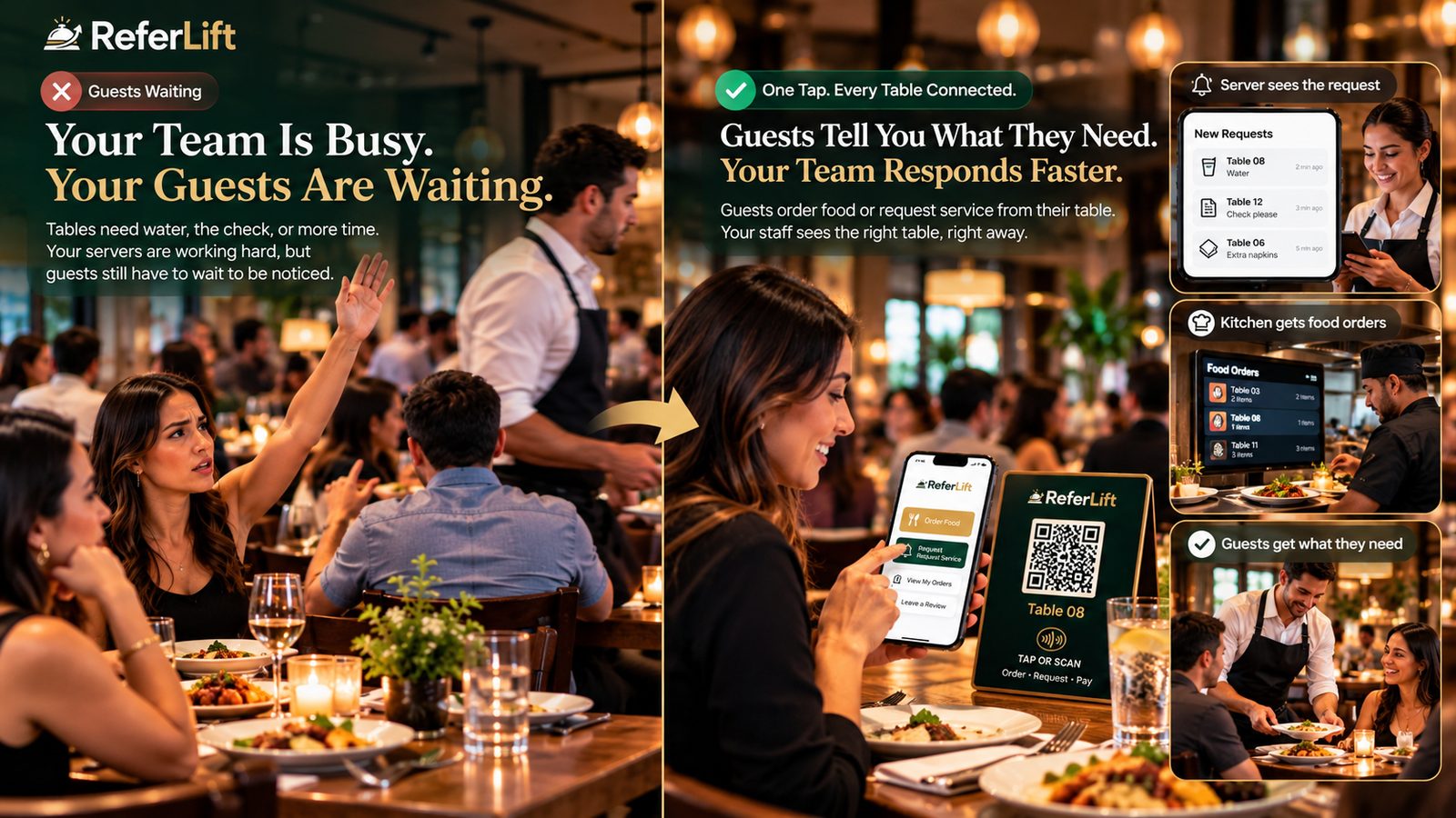 A busy dining room beside a phone where a guest asks for water and the check from the table