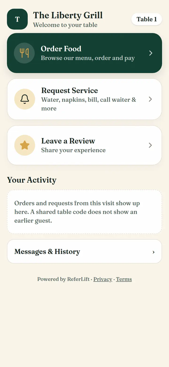 The Liberty Grill guest home on a phone, Table 1, with Order Food, Request Service, and Leave a Review